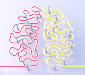 Neon light channels creating the shape of a human brain