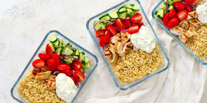 Three glass containers with healthy meals for lunches