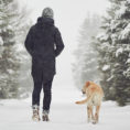 Person walking in the snow with a dog walking by their side