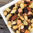 Bowl of trail mix with nuts and dried fruit