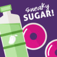 Infographic comparing the added sugar amount in a bottled smoothie to a group of donuts