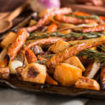 Closeup of sheet pan full of roasted vegetables