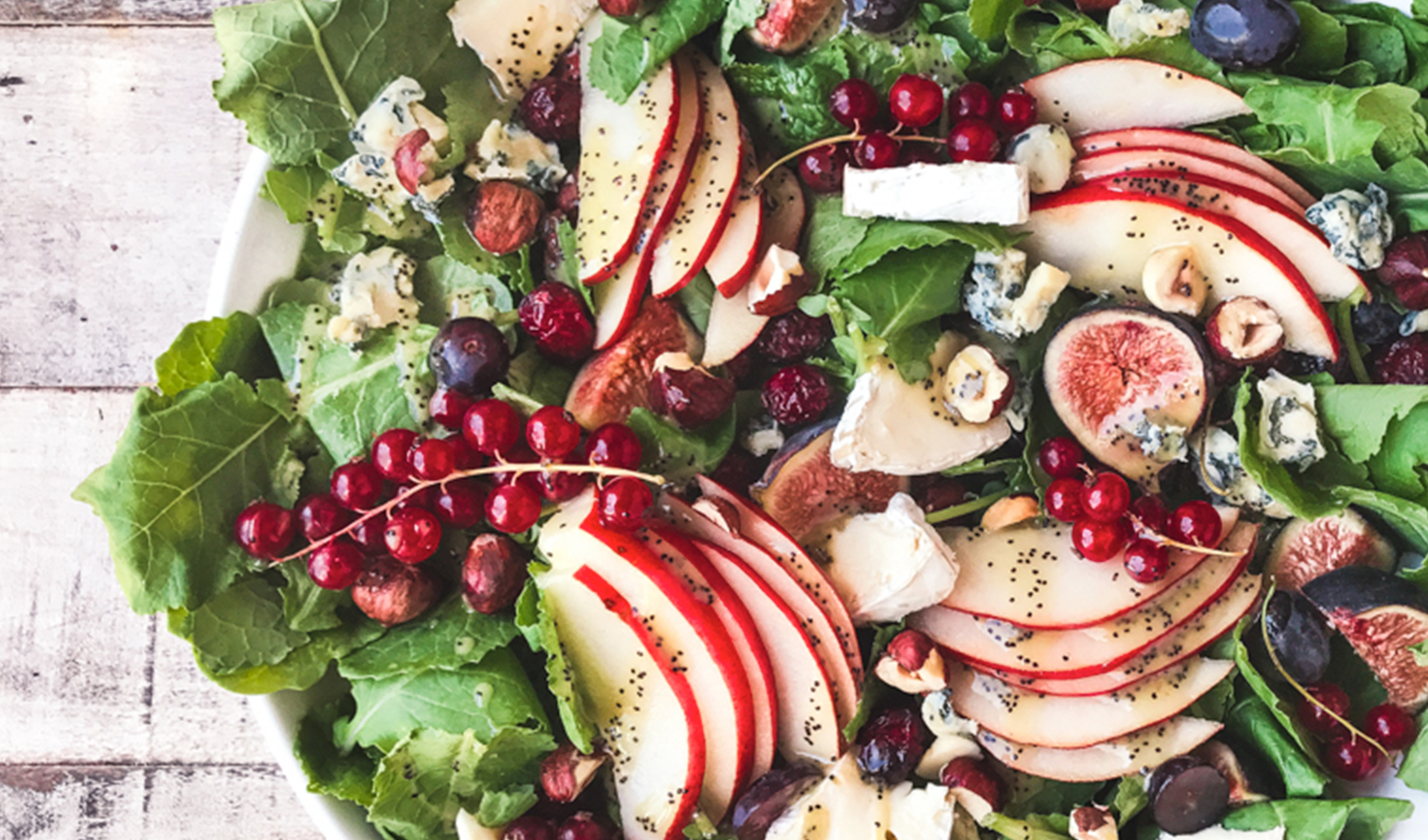 Kale and Fall Fruit Salad with Cider Poppy Seed Dressing