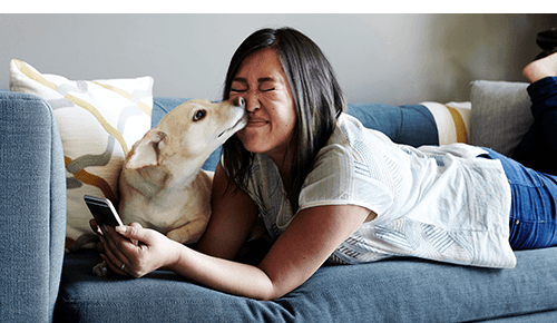 Woman laying on couch with dog licking her face