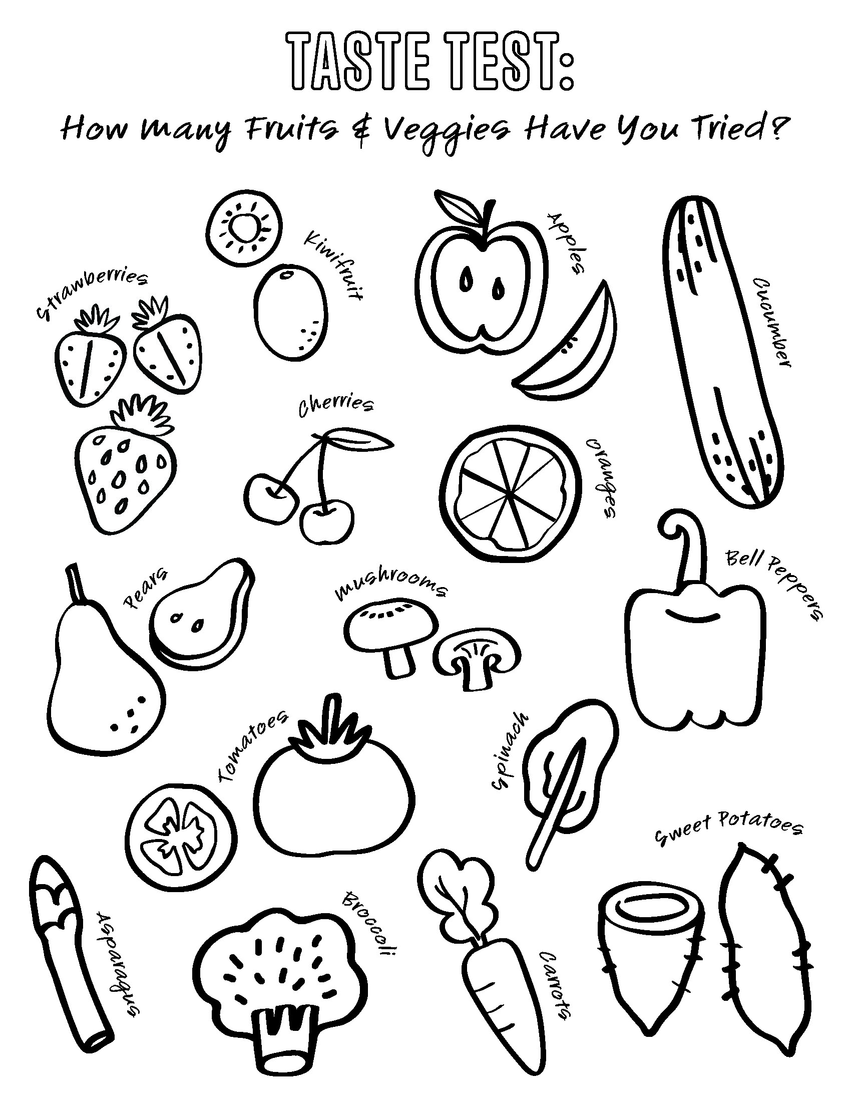 Coloring page with fruits and vegetables sketches
