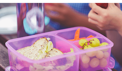 Lunchbox container with a sandwich, fruit and veggies in it