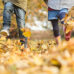 Closeup of two children kicking and playing in fall leaves on the ground