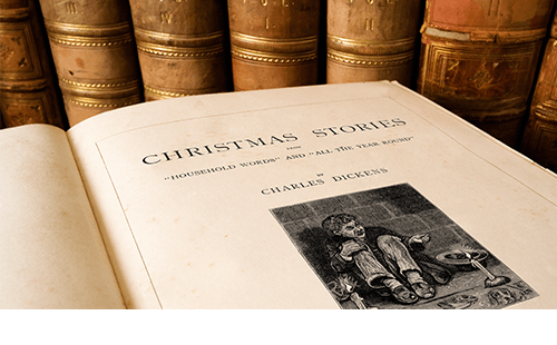 Closeup of Charles Dickens holiday book