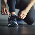 Closeup of someone kneeling on the ground to tie the laces of their athletic shoe