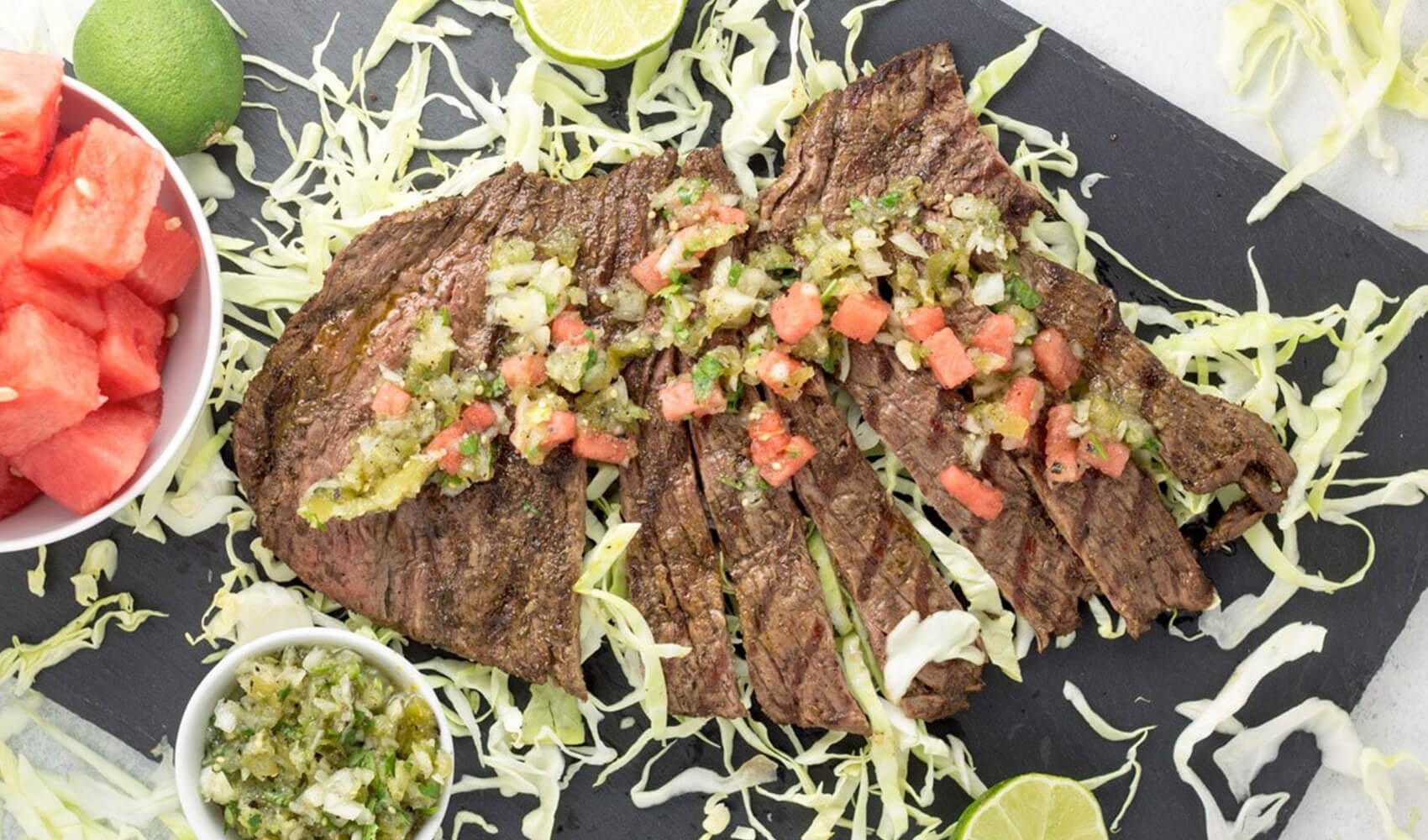 Grilled Carne Asada with Tomatillo Watermelon Salsa
