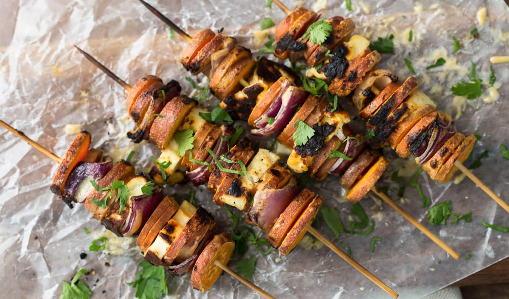 Grilled Sriracha-Tahini Sweet Potato Skewers with Halloumi