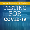 Blue test tube background with text that says Testing for COVID-19