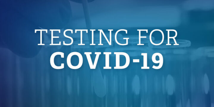 Blue test tube background with text that says Testing for COVID-19