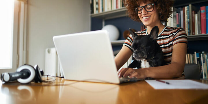 Woman holding dog working on laptop computer