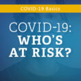 Person wearing mask with blue overlay, text on top says COVID-19: Who's at Risk?