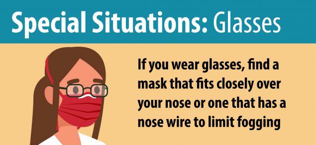Graphic showing a tip for wearing glasses with a face mask