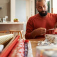 Person wrapping presents at a table