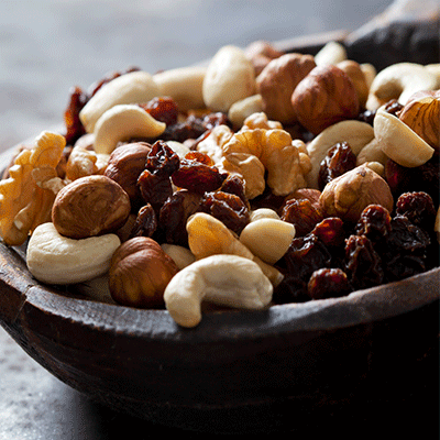 Close up on assorted nuts in a bowl