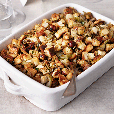 Close up of stuffing in a serving pan