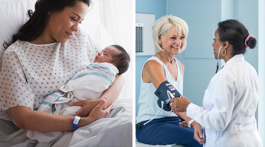 Woman after giving birth holding child, women getting care from doctor